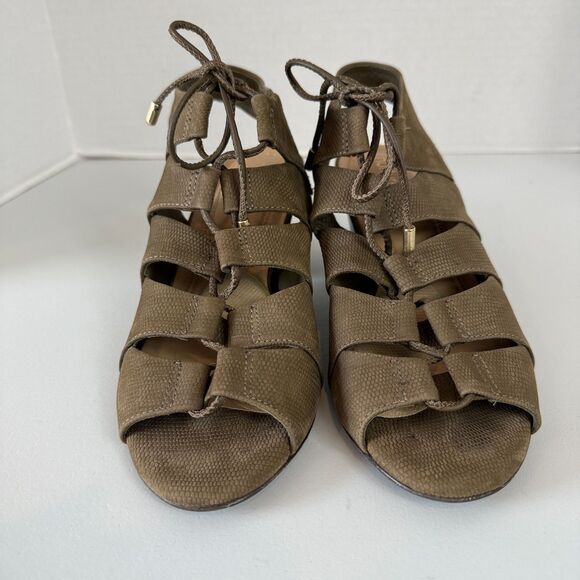 Nurture Bellamey Lace Up Sandals Textured Green Leather Block Heel Women's 6.5 - Picture 3 of 10